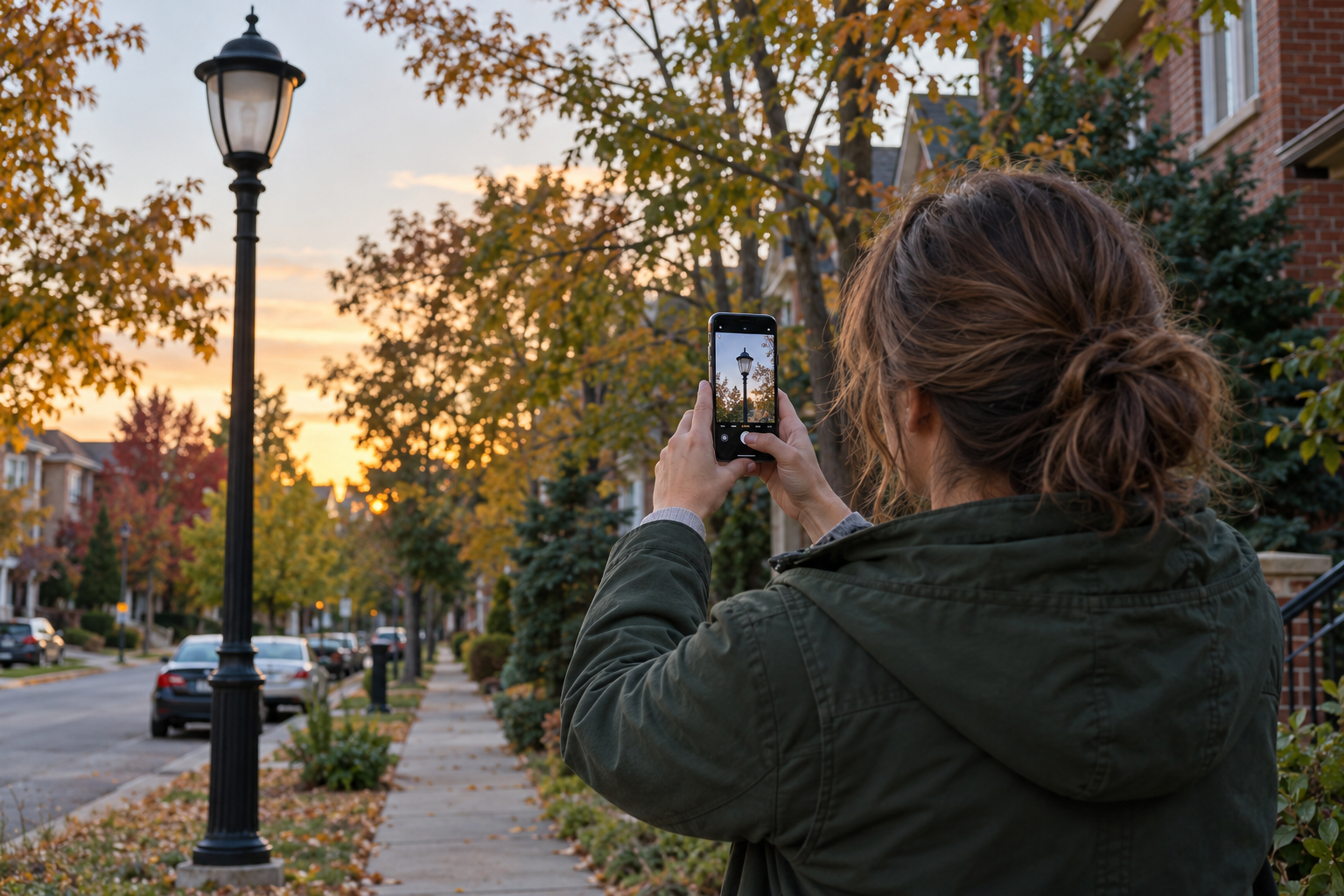 Illustration of a person using a smartphone beside a streetlight to report a problem in Richmond Hill, Ontario