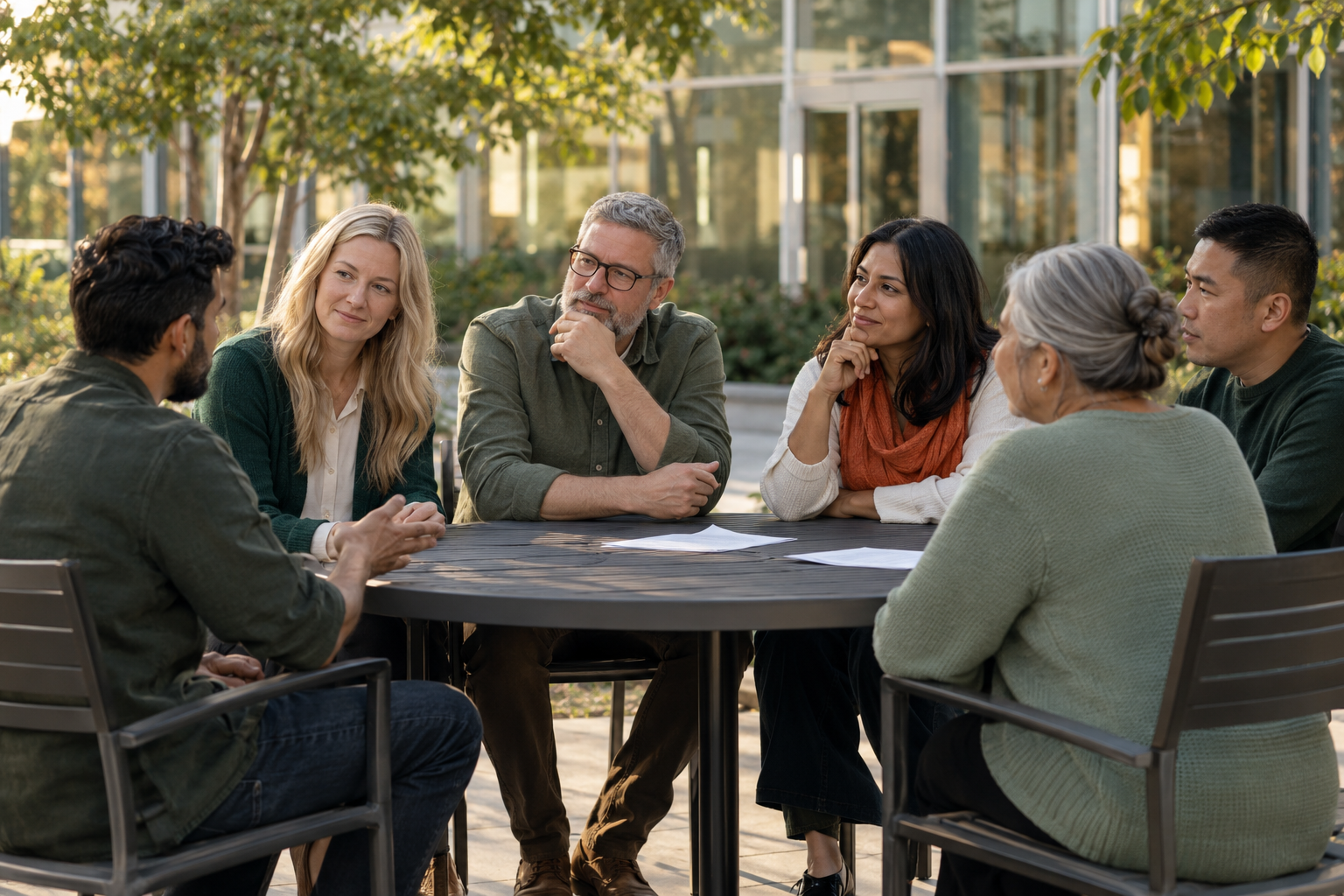 Illustration of neighbours discussing local community concerns around an outdoor table in Richmond Hill, Ontario
